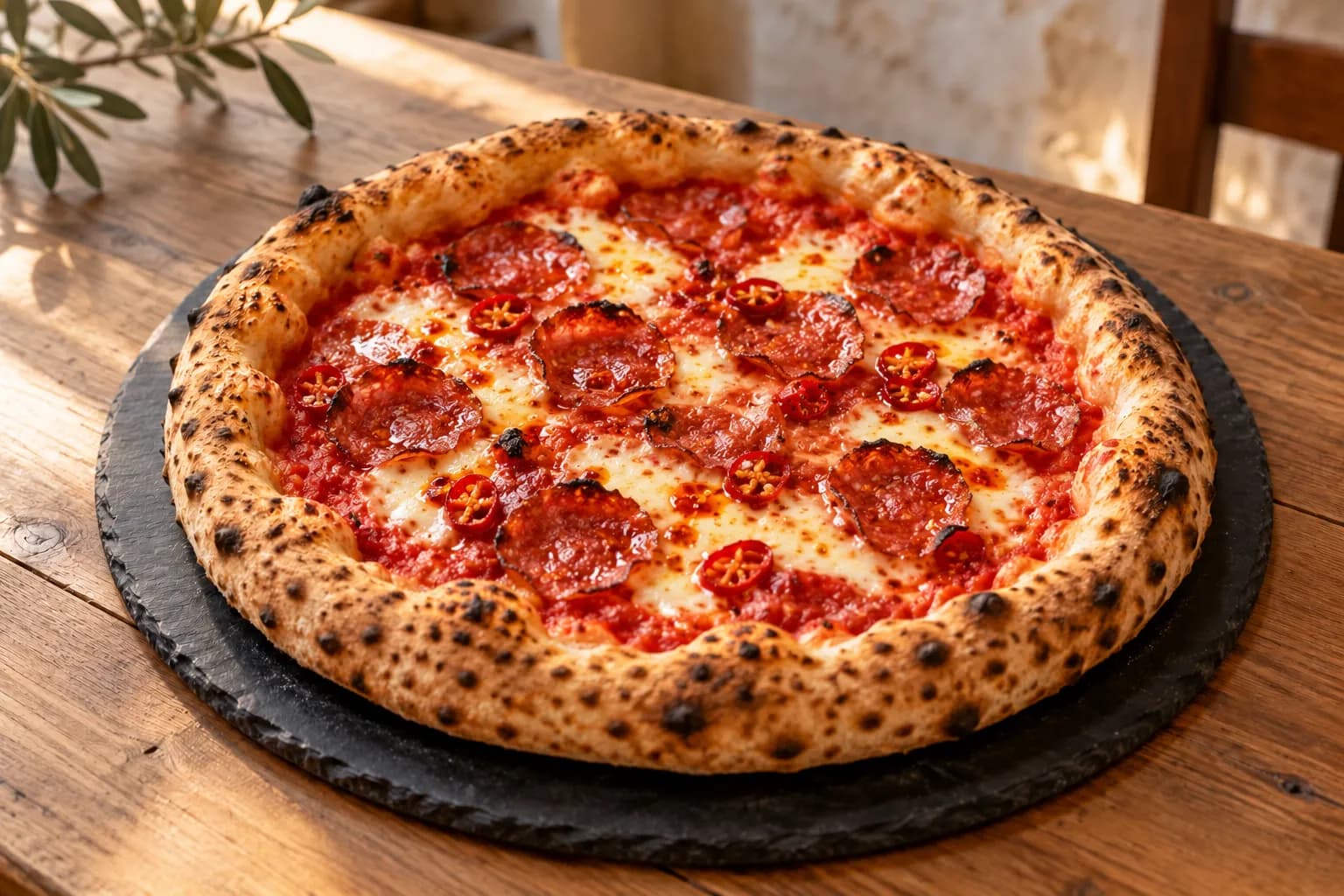 Pizza Diavola sur ardoise ronde, rondelles de salami et piment calabrais