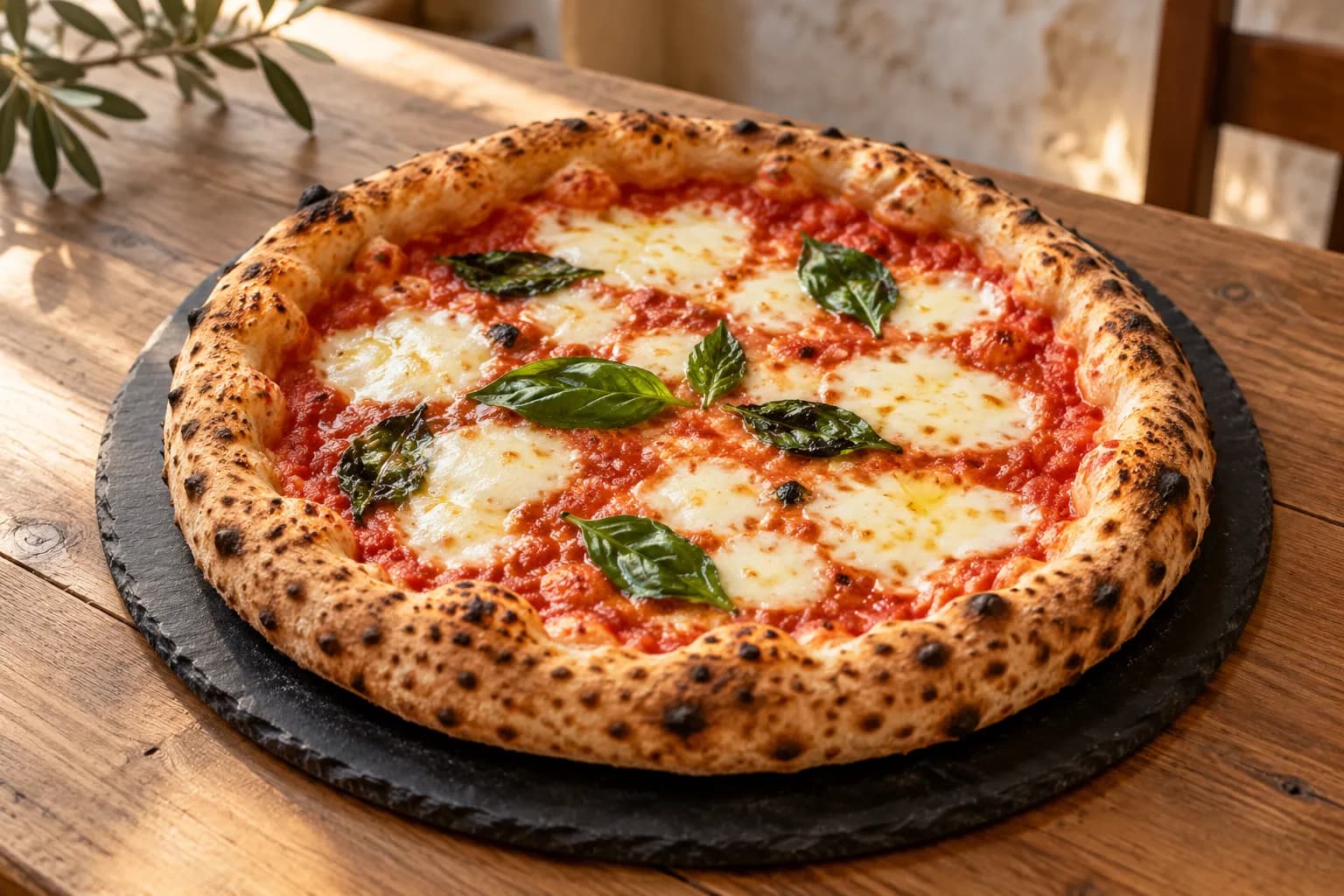 Pizza Margherita sur ardoise ronde, mozzarella fondue et feuilles de basilic