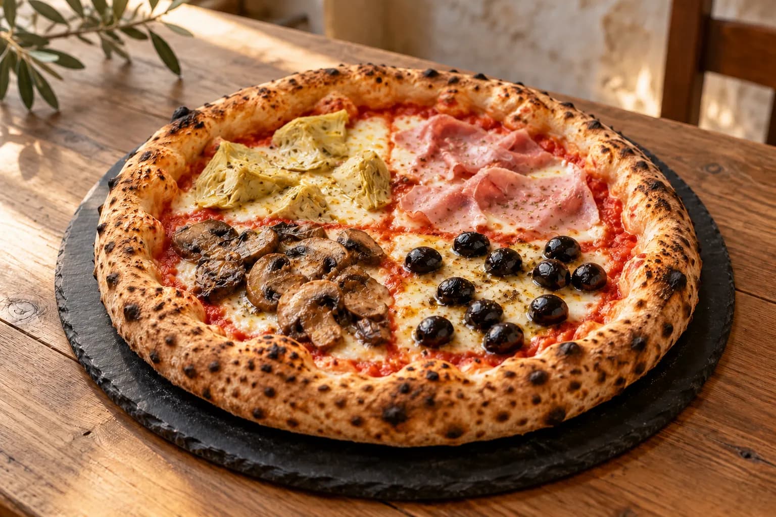 Pizza Quattro Stagioni en quatre quartiers : artichaut, jambon cuit, champignons et olives noires