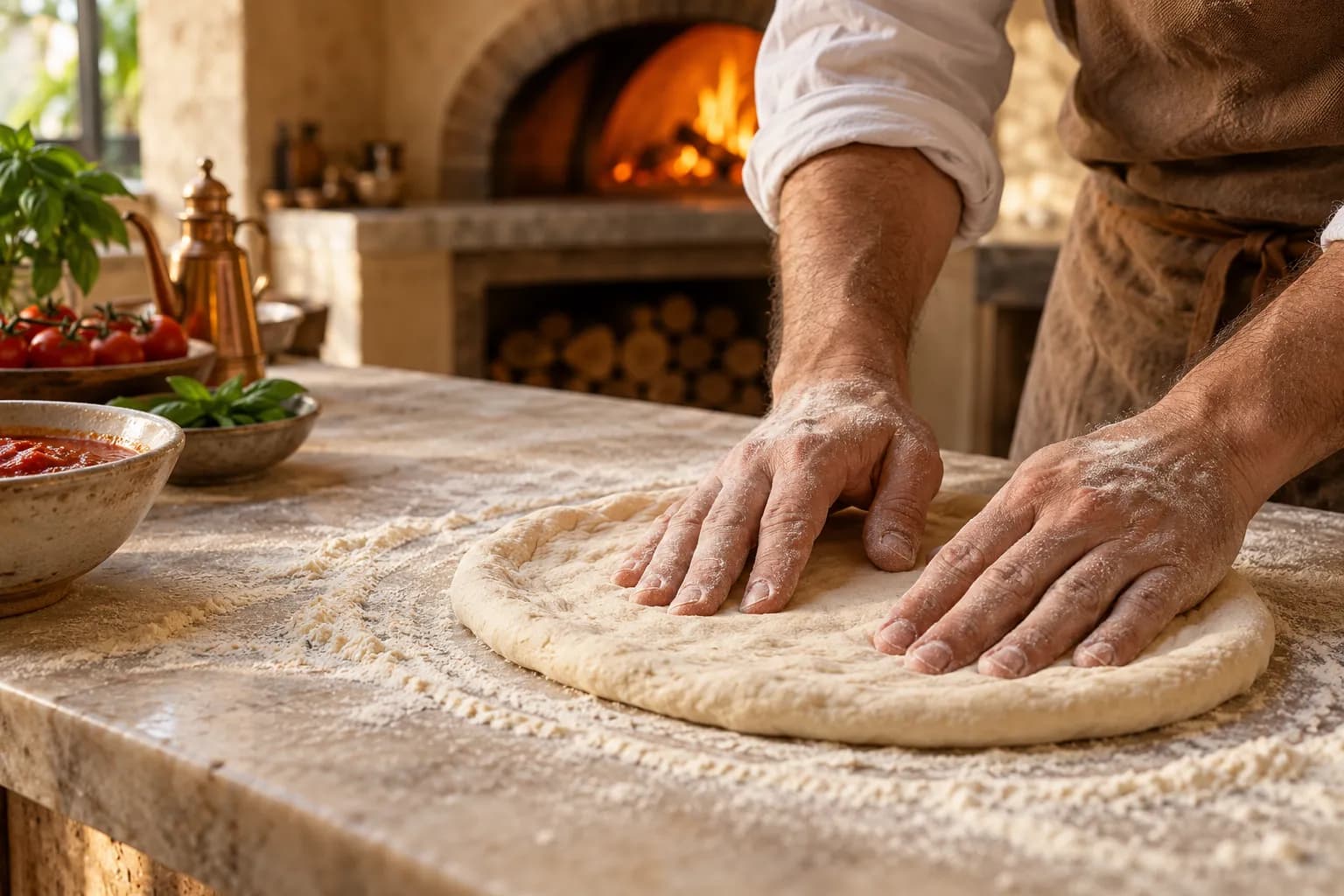 Les mains farinées du pizzaïolo étalent la pâte sur le plan de travail, le four à bois allumé au fond