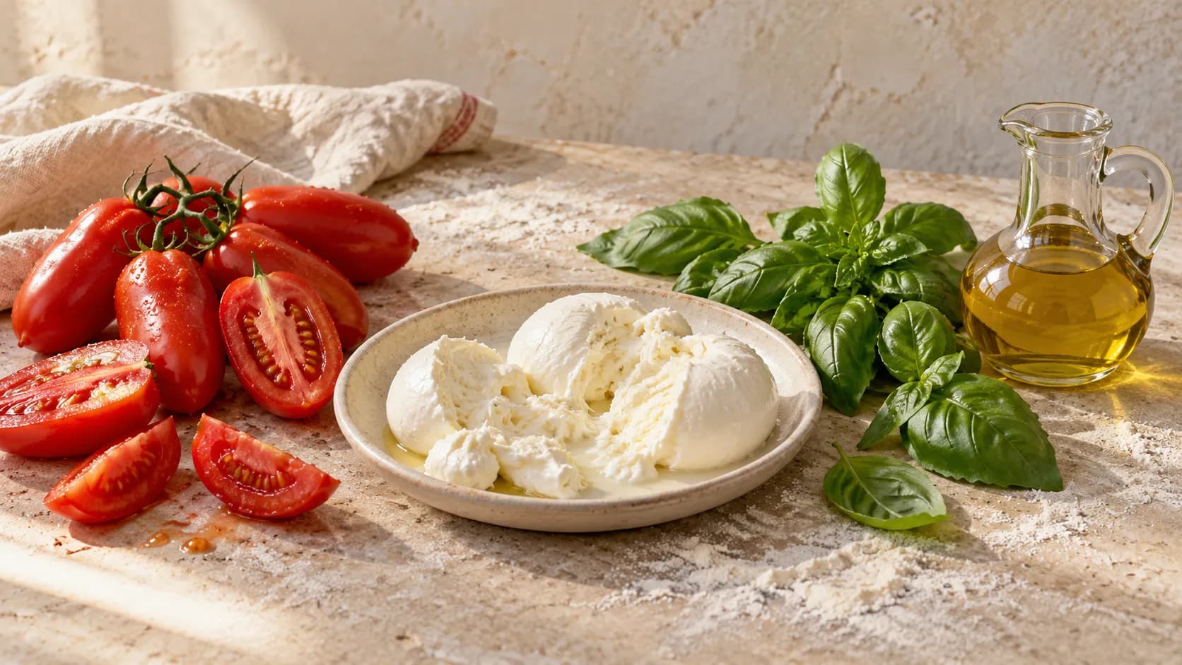 Tomates San Marzano, mozzarella di bufala, basilic frais et carafe d'huile d'olive sur un plan de travail fariné
