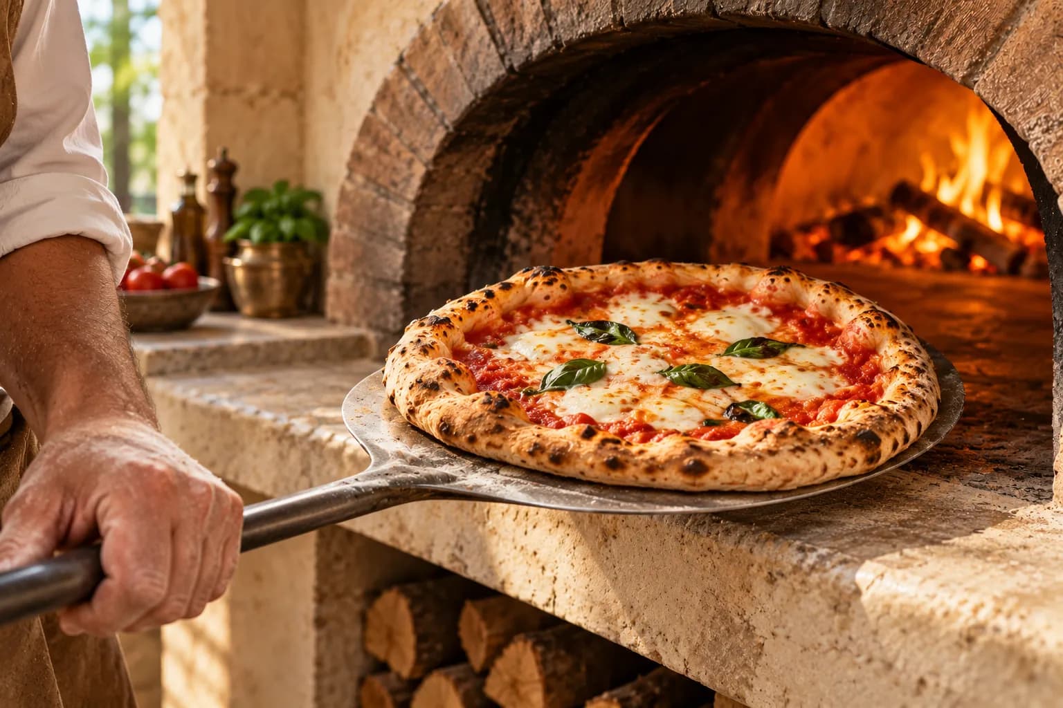 Une Margherita tout juste cuite sort du four à bois sur la pelle du pizzaïolo