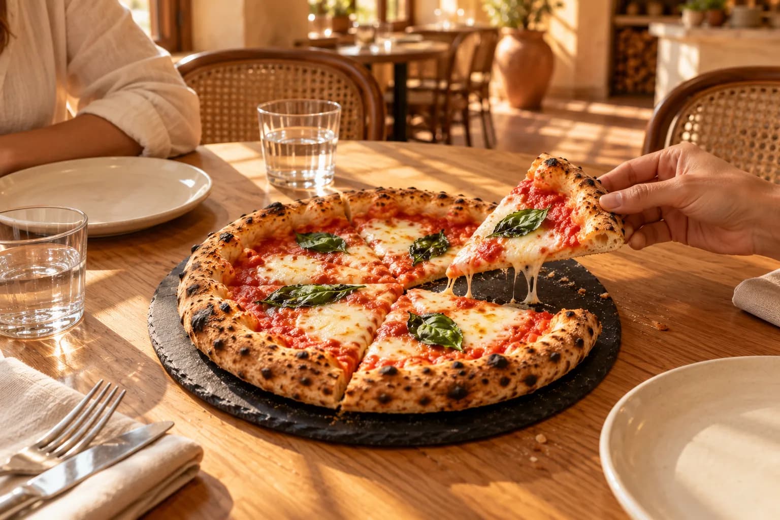 Une Margherita partagée à table, une main soulève une part et la mozzarella file