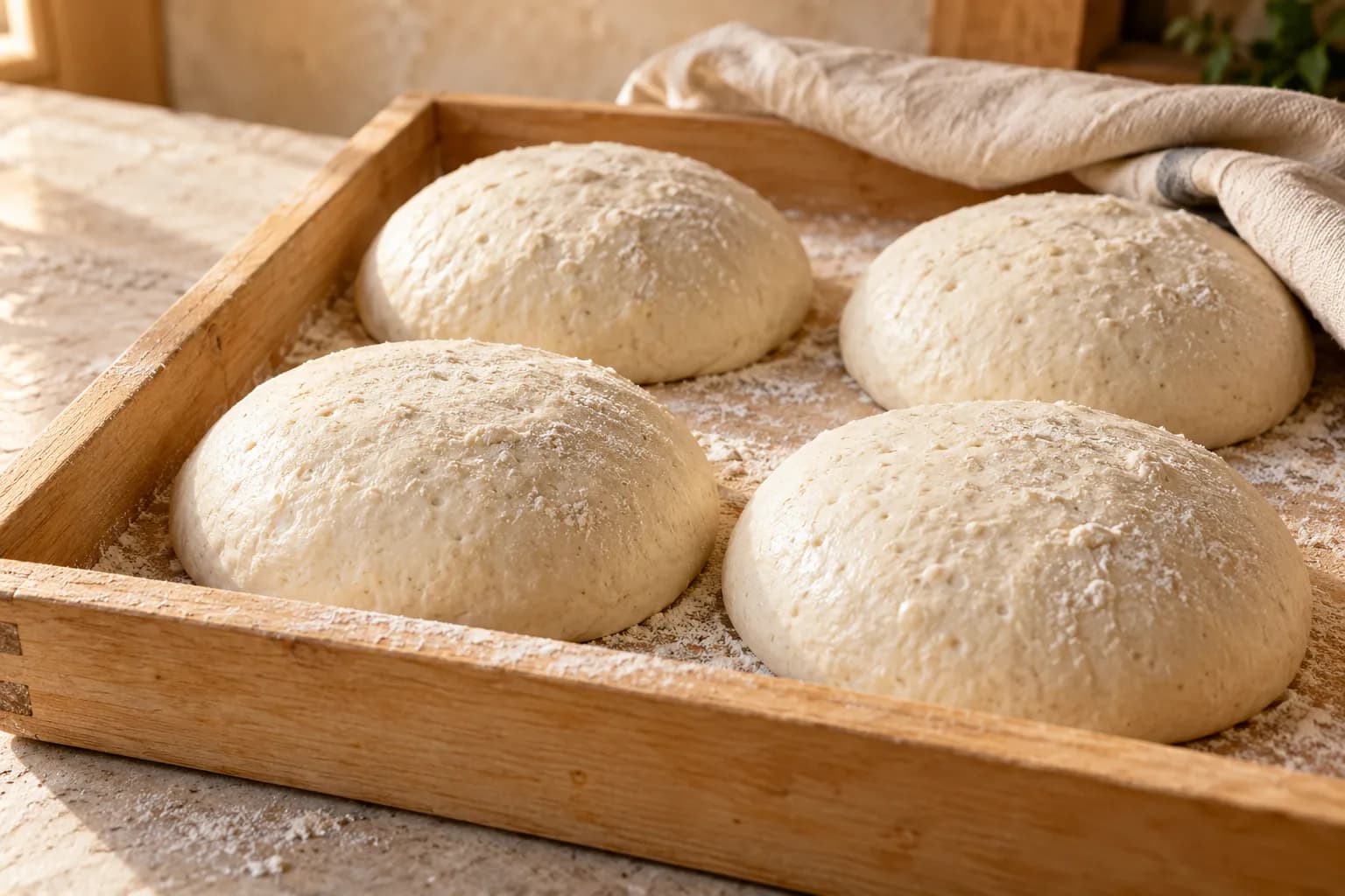 Quatre pâtons farinés qui reposent dans un bac en bois
