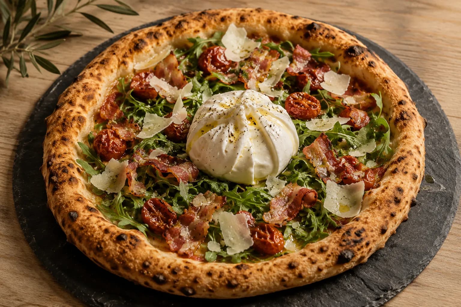 Pizza Nonna Rosa sur ardoise : burrata au centre, tomates cerise rôties, pancetta, roquette et copeaux de parmesan