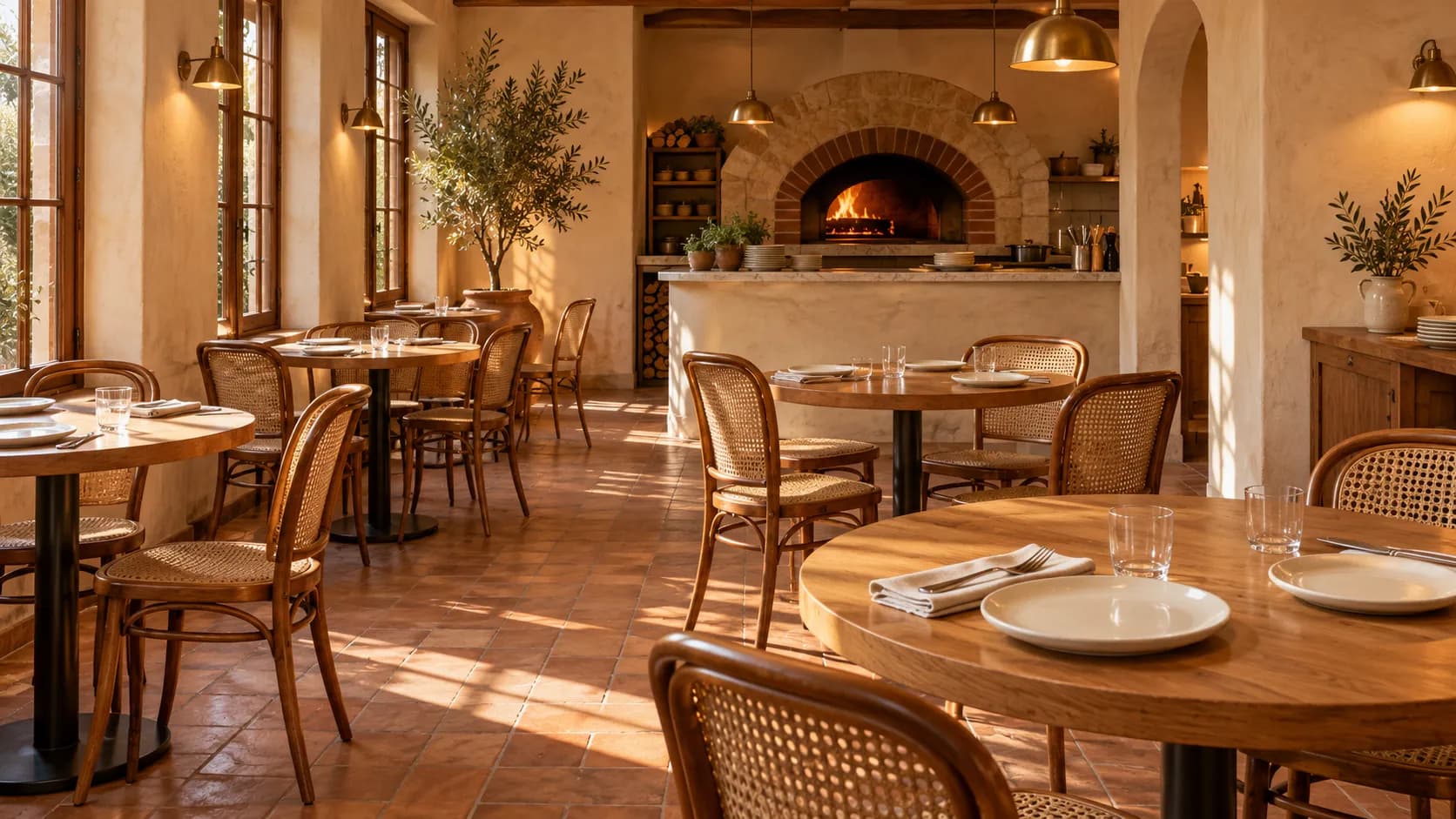 La salle de Nonna Rosa en journée : tables en bois, chaises cannées, et le four à bois au fond